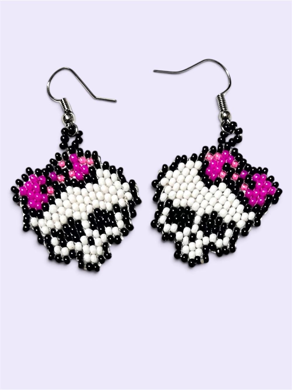 Handmade Miyuki Delica Glass Seed Beaded Skull Earrings with Pink Bows